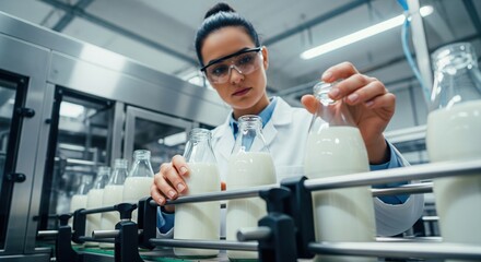 Dairy Factory Technologist Inspecting Glass Milk Bottles on Conveyor Line - Quality Control and Food Safety Production.