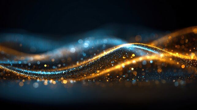 abstract blue and gold bokeh lights with glowing particles and wavy lines on a dark background 2026