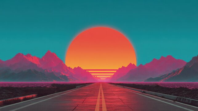 trendy neon synth wave landscape with sunset sky road and mountains retro abstract background 2026
