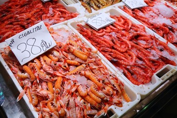 Various shrimp types (including cigalitas, also known as langoustine, Norway lobster or scampi) at sea food section at local market hall Mercat Central in Alicante, Spain. Spanish food.