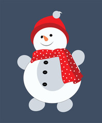 Cute cartoon snowman with red hat and polka dot scarf standing on a dark blue backgroundPrint