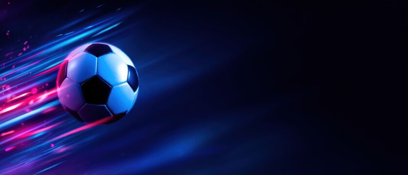 Dynamic Soccer Ball with Neon Light Trails on Dark Background - Powered by Adobe
