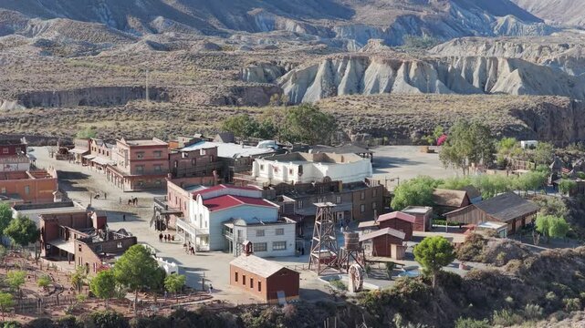 Wild West in Andalusia: Aerial View of the Mini Hollywood Oasys Western Theme Park in the Arid Tabernas Desert, Southern Spain