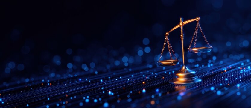 Digital Justice and Law Concept: Golden Scales on Futuristic Technology Background