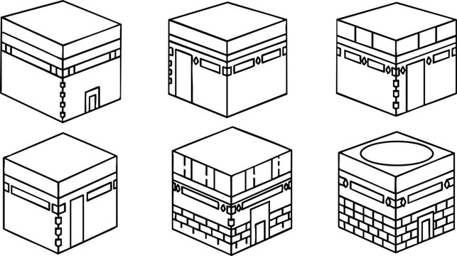 Kaaba vector illustration six black and white isometric views architectural design sacred mosque building