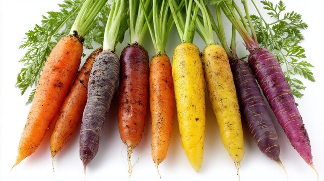 Colorful rainbow heirloom carrots in purple yellow and orange with fresh green tops on white background, organic farm vegetables for healthy cooking concept