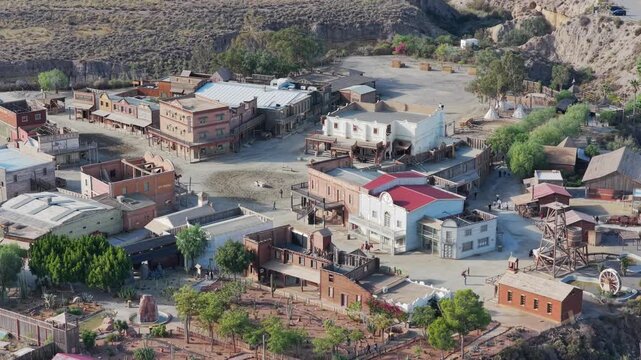 Wild West in Andalusia: Aerial View of the Mini Hollywood Oasys Western Theme Park in the Arid Tabernas Desert, Southern Spain