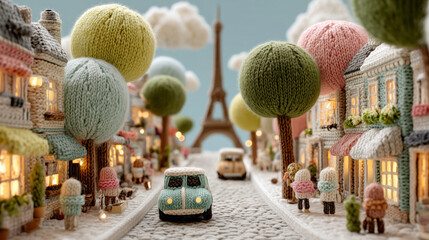 toy car parked on street, brown and gray colors, soft shadows, depth of field effect,