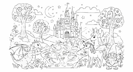 Enchanted kingdom coloring page with castle, dragon, unicorn, gnome and swan isolated on