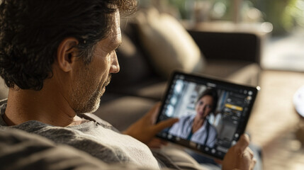 Middle-Aged Man - Telehealth Tablet - Digital Consultation Home
