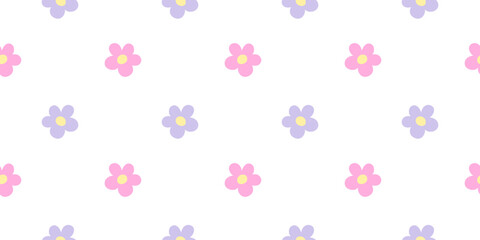 Colorful floral pattern vector illustration featuring pink and purple flowers on a light background. Repetitive design ideal for spring-themed designs, textiles, and graphic projects.
