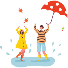 Joyful Couple Dancing in Rainy Puddle Holding Red Polka Dot Umbrella Yellow Raincoats and Boots Enjoying Autumn Weather With Falling Leaves and Water Splashes Isolated on White Background