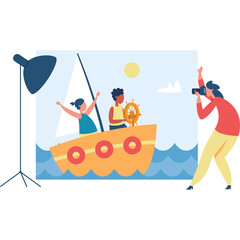 Photographer Captures Joyful Children Posing on Sailboat Set Against a Bright Blue Sky and Sunny Day With Studio Lighting