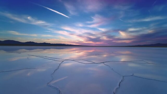 Cracked Salt Flat Reflecting Dramatic Sunset Sky with Wispy Clouds lake water