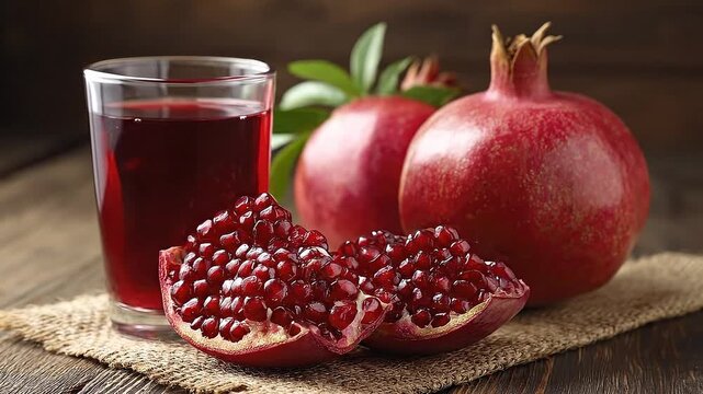 Pomegranate still life juice glass ripe fruits split halves on burlap atop wood