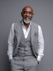 Obraz premium portrait of successful black businessman standing against grey wall smilng senior entrepreneur in formal clothing looking at camera mature happy man isolated on grey background with copy space no log