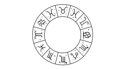 Astrological zodiac wheel with all twelve horoscope signs and symbols, isolated on