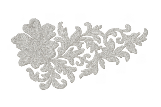 Silver floral embroidery appliqué ornament with transparent background