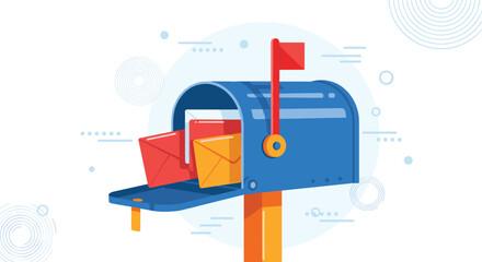 Colorful vector concept of mail delivery, featuring a full post box with envelopes, ideal for newsletters, contact forms, and digital messaging