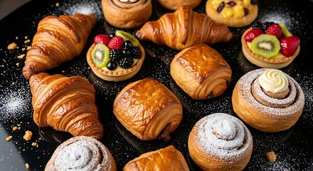 A tempting assortment of freshly baked pastries and desserts. From flaky croissants to fruit tarts, all meticulously arranged on a stylish surface.