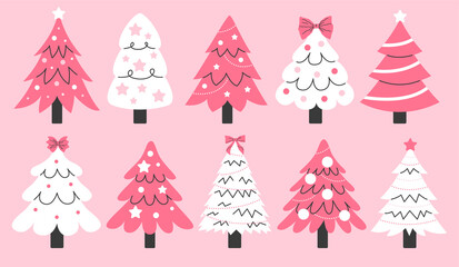 Set of pink Christmas trees decorated with Christmas toys and garlands in a flat cartoon style isolated on a background. New Year and Christmas illustrations.