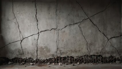 A weathered, cracked concrete wall with exposed rebar, creating a sense of decay and age