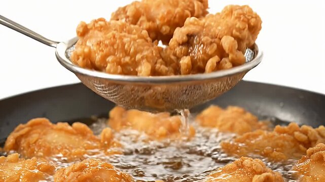 A frying pan with a metal strainer in it, filled with fried chicken. The chicken is golden brown and crispy