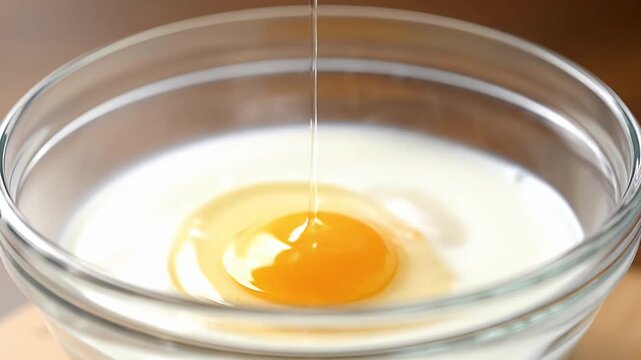 A person is cracking an egg into a bowl of milk. The egg is still intact, but the yolk is starting to break