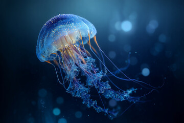 A stunning bioluminescent jellyfish with vibrant blue and orange hues drifts through the dark ocean depths