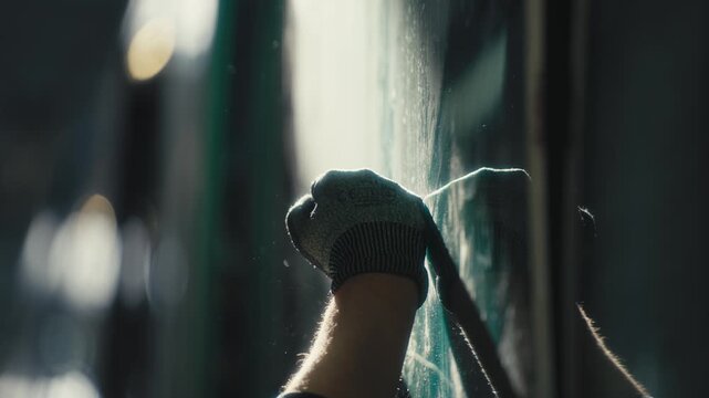 Worker Punching Tram Window Panel with Fist