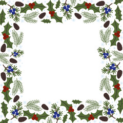 Colorful winter border featuring holly, pine, and snowflakes in a festive design suitable for seasonal greetings and decorations