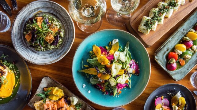 Colorful gourmet meal served with white wine