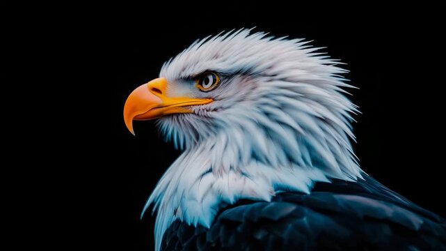 Striking profile of grand Bald Eagle, showcasing its brilliant white head feathers, formidable orange beak, and intense golden eye against contrasting deep black field, embodying strength and freedom