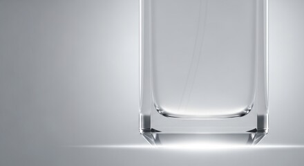 Closeup of an empty transparent glass with thick bottom on a light gray background with copy space