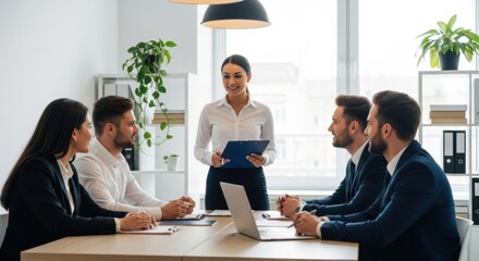 A confident businesswoman stands and leads a corporate meeting, presenting a project strategy to her attentive colleagues sitting around a conference table in a bright modern office