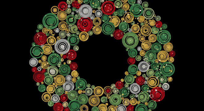 Decorative holiday wreath with red green gold circles on black background festive art