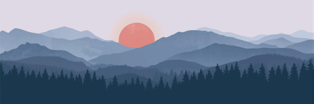 A minimalist landscape featuring a red sun setting behind silhouetted mountains