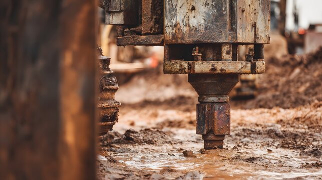 Close-up of a drilling rig operating in muddy conditions at a construction site. - Powered by Adobe