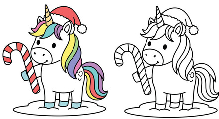Christmas coloring page of cute cartoon unicorn wearing Santa hat and holding candy cane, vector illustration with color and black and white outline versions for kids activity © MdAbdul