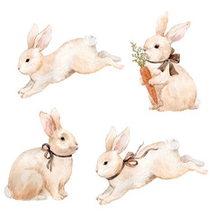 Watercolor set of cute bunnies with ribbons and carrot. Adorable hand-painted rabbits in soft natural tones, perfect for Easter design, baby decor, cards, nursery art and spring projects.