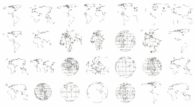 Collection of world map outlines in various projections isolated on ideal for geography projects