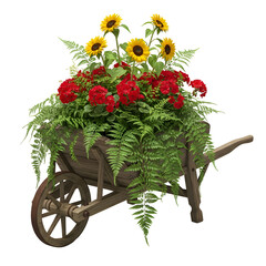 Rustic Wheelbarrow Overflowing with Vibrant Red and Yellow Flowers.