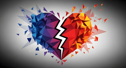 Abstract shattered heart design split into blue and red halves against gray backdrop