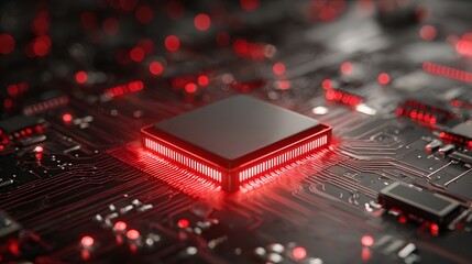 Close-up of a glowing red computer chip on a circuit board.