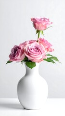 Pastel roses in a white vase set against a neutral background