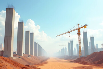 Obraz premium Skyscrapers under construction with a crane in a hazy urban landscape