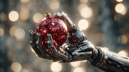 a robotic hand holds a shiny red christmas ball the background features soft bokeh lights creating a festive atmosphere the scene represents a blend of technology and holiday spirit 2026