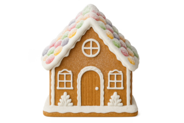 Gingerbread house with icing and candy roof on transparent background