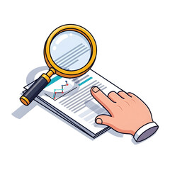 Hand with Magnifying Glass Over Document Analyzing Data.