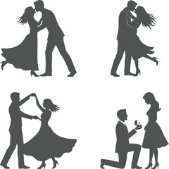 Silhouettes of couples in various romantic poses, including kissing, embracing, and proposing marriage suitable for valentine day design and gift card